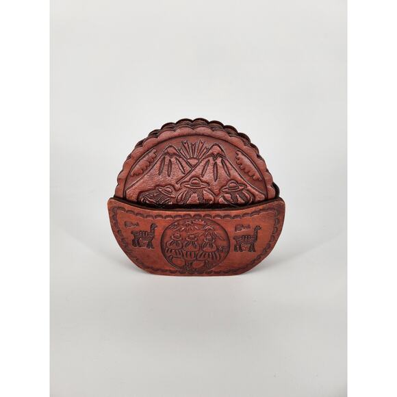 No brand Other - Genuine Peruvian Tooled Leather Coaster Set with Holder